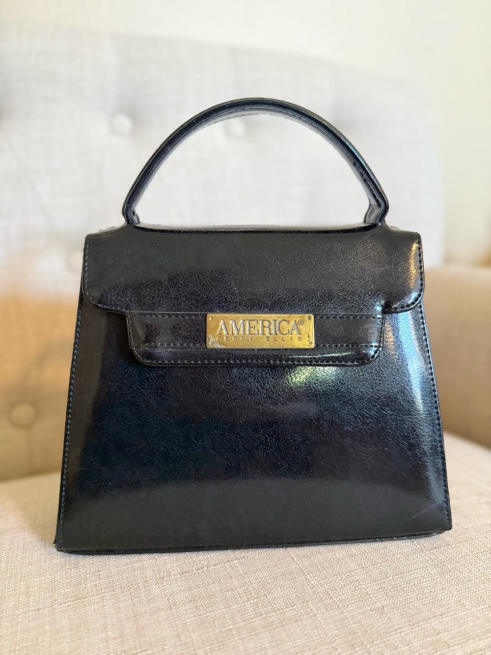 Vintage Perry Ellis Black Patent Mini Top-Handle Bag with Gold Plaque
